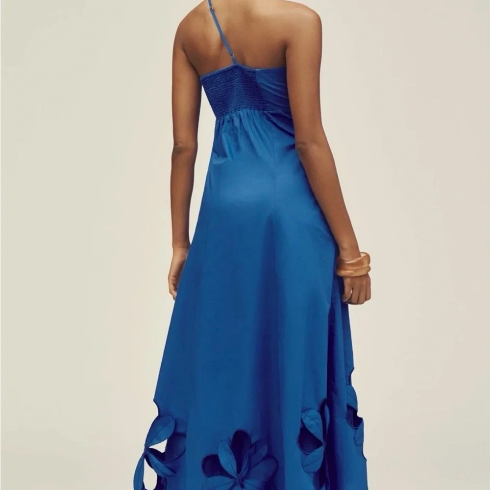 ANTHROPOLOGIE One-Shoulder Cutwork Dress Sz XXS Blue Floral Appliqué STUNNING - Picture 4 of 13